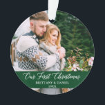 Calligraphy Our First Christmas Couple Green Ornament<br><div class="desc">Elegant Calligraphy Script Our First Christmas Couple Photo Green Ornament with Snowflakes back</div>