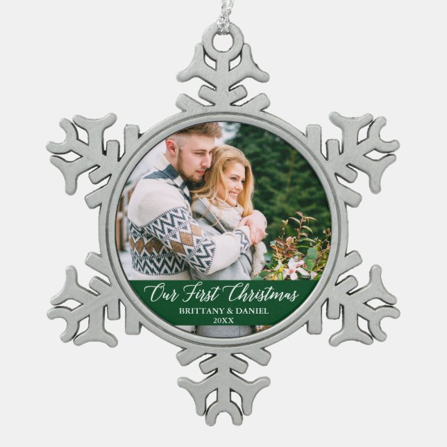 Calligraphy Our First Christmas Couple Photo Green Snowflake Pewter Christmas Ornament (Front)
