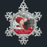 Calligraphy Our First Christmas Couple Photo Red Snowflake Pewter Christmas Ornament<br><div class="desc">Elegant Calligraphy Script Our First Christmas Couple Photo Red Snowflake Ornament</div>