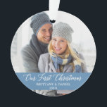Calligraphy Our First Christmas Photo Light Blue Ornament<br><div class="desc">Elegant Calligraphy Script Our First Christmas Couple Photo Light Blue Ornament with Snowflakes back</div>