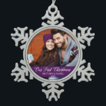 Calligraphy Our First Christmas Photo Purple Snowflake Pewter Christmas Ornament<br><div class="desc">Elegant Calligraphy Script Our First Christmas Couple Photo Purple Snowflake Ornament</div>