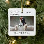 Calligraphy Our First Christmas Photo Wedding Ceramic Ornament<br><div class="desc">Modern Stylish Calligraphy Script,  Simple Minimalist,  Our First Christmas Photo Wedding Christmas Ceramic Ornament</div>