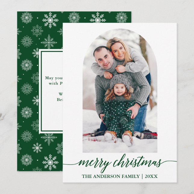 Calligraphy Photo Arch Christmas Snowflakes Green Holiday Card (Front/Back)