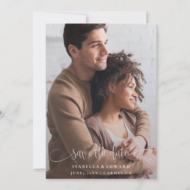 Calligraphy Photo Save the Date Card QR Code (Front)