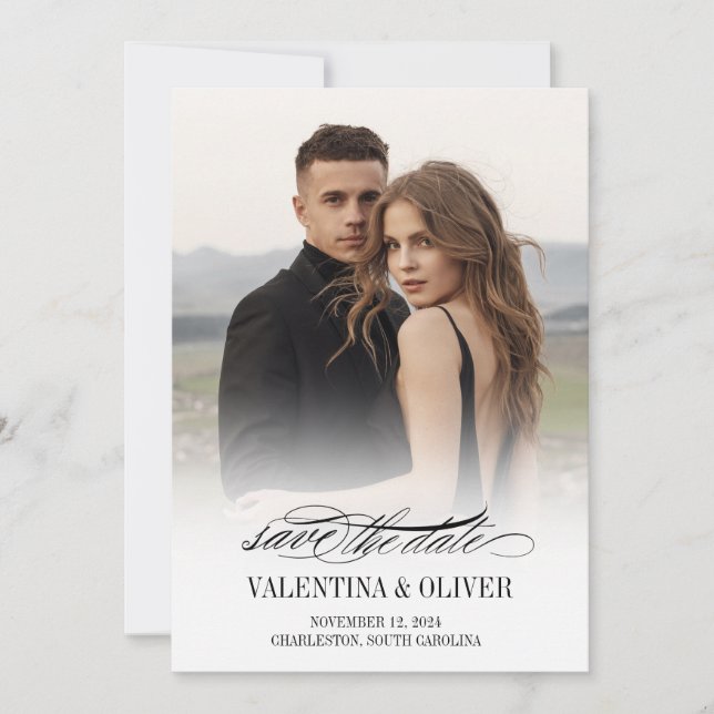 Calligraphy Photo Wedding Save The Date Card (Front)