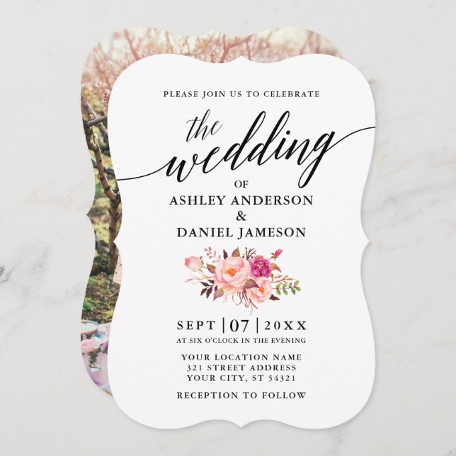 Calligraphy Pink Blush Floral Photo Wedding Invitation (Front/Back)
