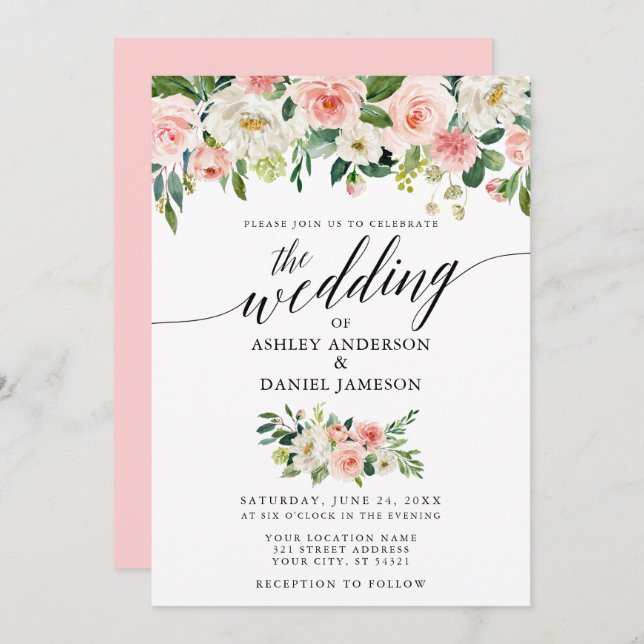 Calligraphy Pink Blush Floral Wedding Invitation (Front/Back)