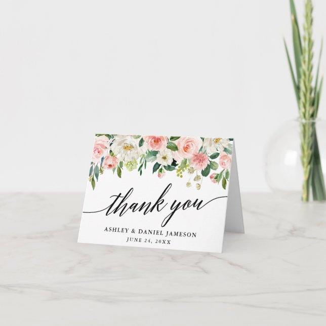 Calligraphy Pink Blush Floral Wedding Note Thank You Card (Front)