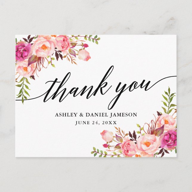 Calligraphy Pink Blush Floral Wedding Thank You Postcard (Front)