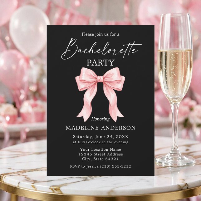 Calligraphy Pink Bow Bachelorette Party Invitation (Customize to change color of back of card.)