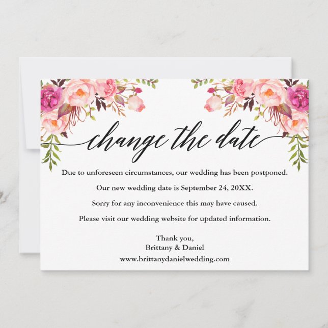 Calligraphy Pink Floral New Wedding Date Card (Front)