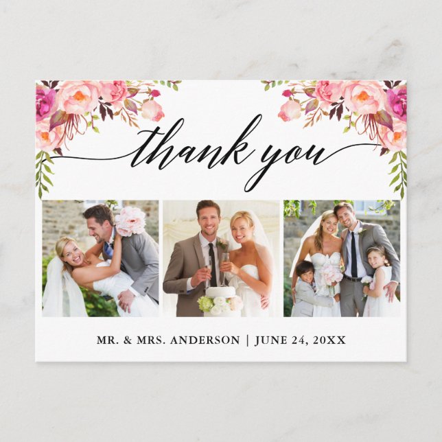 Calligraphy Pink Floral Wedding 3 Photo Thank You Postcard (Front)