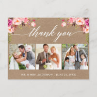 Calligraphy Pink Floral Wedding Thank You Kraft
