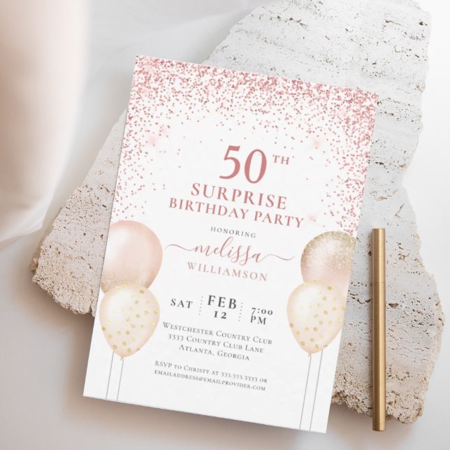 Calligraphy Pink Glitter Surprise 50th Birthday Invitation (Creator Uploaded)