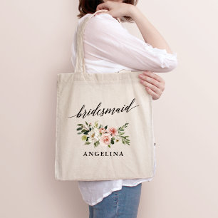 Calligraphy Pink White Floral Bridesmaid Name Tote Bag