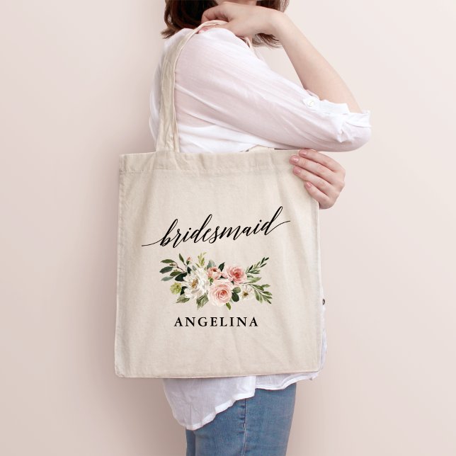 Calligraphy Pink White Floral Bridesmaid Name Tote Bag (Creator Uploaded)