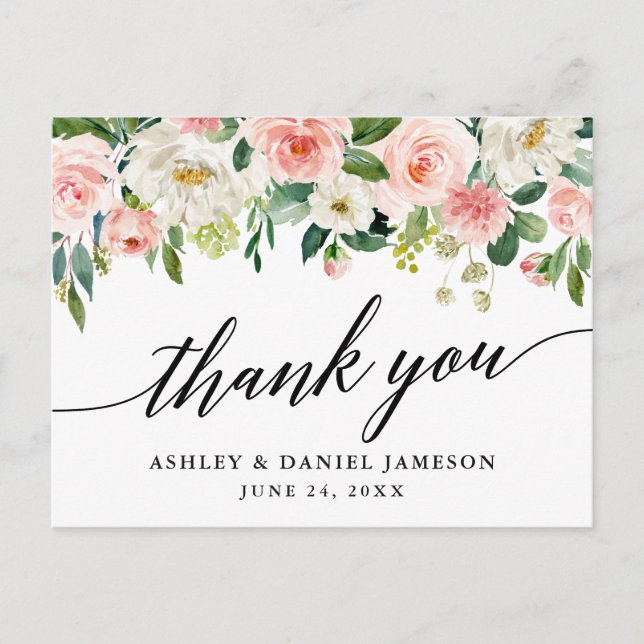 Calligraphy Pink White Floral Wedding Thank You Postcard (Front)