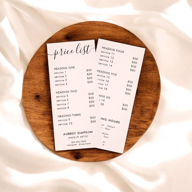 Calligraphy Price List Blush Pink Rack Card (Creator Uploaded)