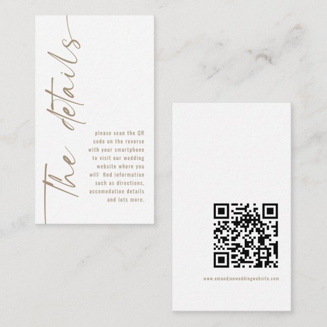 Calligraphy QR Code Champagne Gold Wedding Details Enclosure Card (Front/Back)