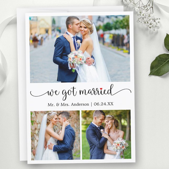 Calligraphy Red Heart 3 Photos We Got Married Announcement (Customize to change your personalized text size, text style or to add text to back of card.)