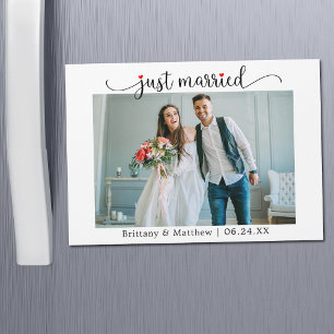 Calligraphy Red Heart Just Married Magnet Card