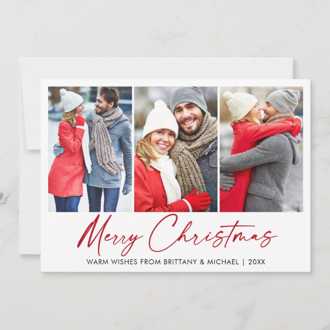 Calligraphy Red Ink Pen Christmas 3 Photo Couple Holiday Card (Front)