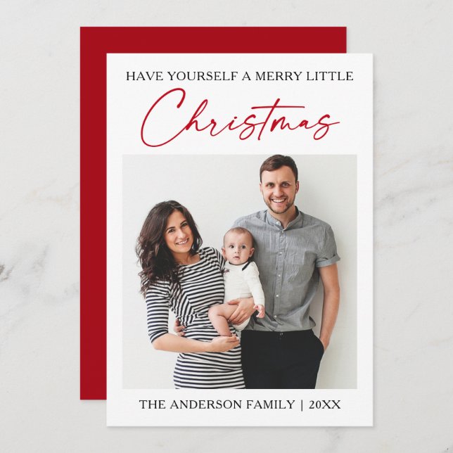 Calligraphy Red Ink Pen Minimalist Photo Holiday Card (Front/Back)