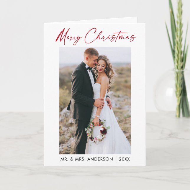 Calligraphy Red Ink Script Wedding Photo Folded Holiday Card (Front)