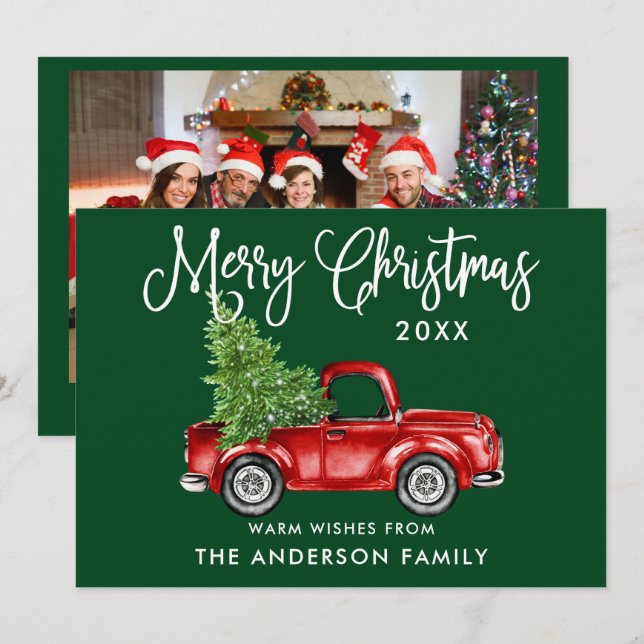 Calligraphy Red Truck Christmas Photo Back Green Holiday Card (Front/Back)