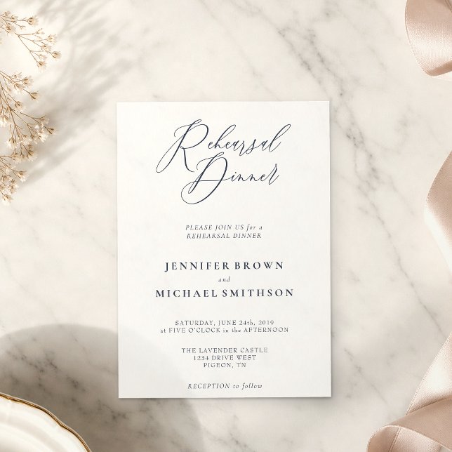 Calligraphy Rehearsal Dinner Navy Simple Invitation (Creator Uploaded)
