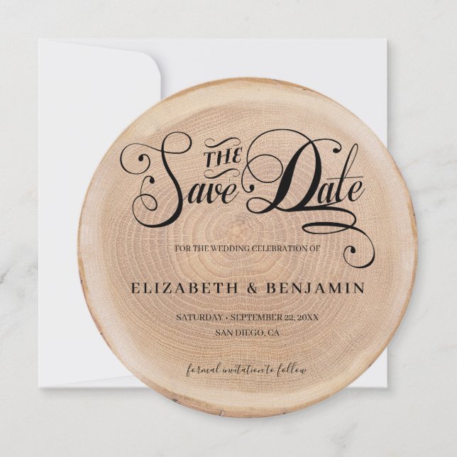 Calligraphy Round Photo Rustic Wood Save The Date Invitation (Front)