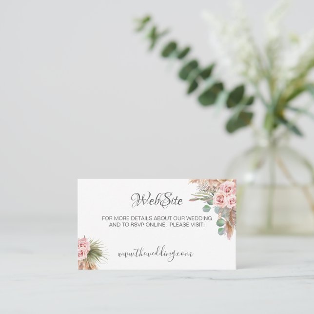 Calligraphy Rustic Boho Floral Wedding Website Business Card (Standing Front)
