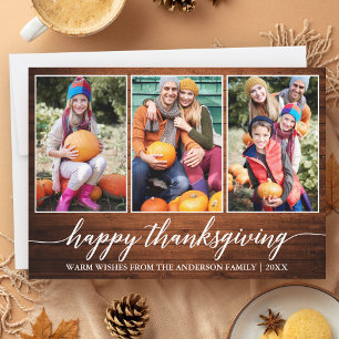Calligraphy Rustic Wood Thanksgiving 3 Photo Holiday Card