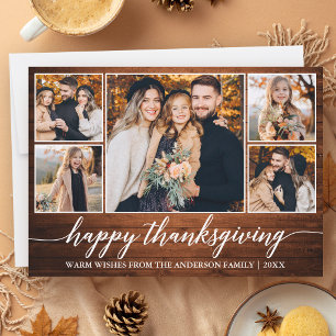 Calligraphy Rustic Wood Thanksgiving 5 Photo Holiday Card