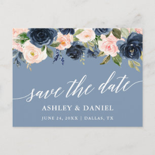 Calligraphy Save The Date Dusty Blue Pink Postcard