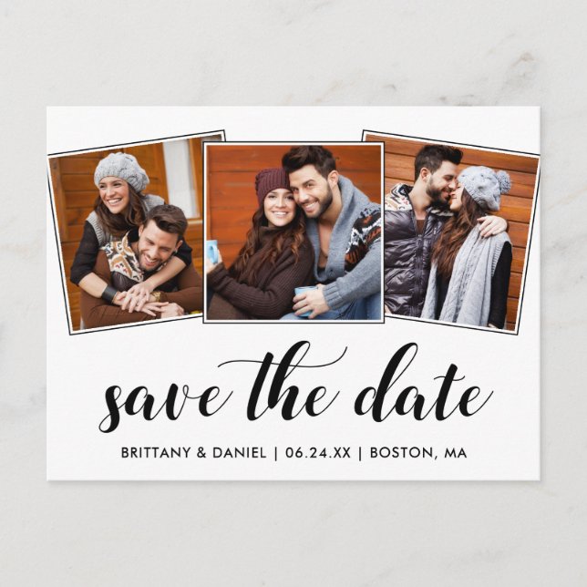 Calligraphy Save The Date Engagement 3 Photo Postcard (Front)