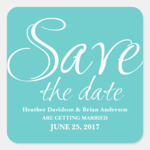 Calligraphy Save the Date Stickers, Turquoise Square Sticker