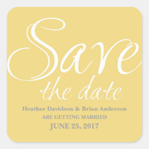 Calligraphy Save the Date Stickers, Yellow Square Sticker