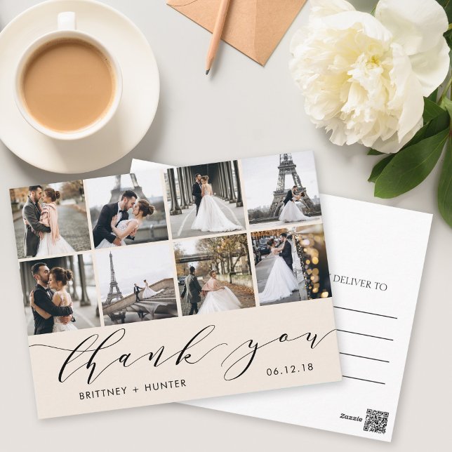 Calligraphy Script 8 Photo Thank You Off White Postcard (Creator Uploaded)