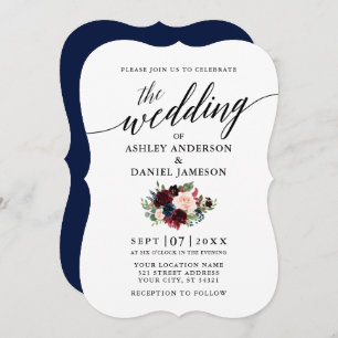 Calligraphy Script Burgundy Blue Floral Wedding Invitation