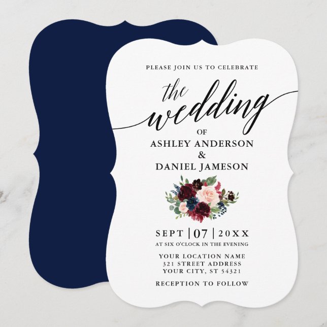 Calligraphy Script Burgundy Blue Floral Wedding Invitation (Front/Back)
