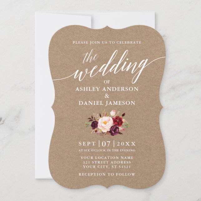 Calligraphy Script Burgundy Floral Wedding Kraft Invitation (Front)