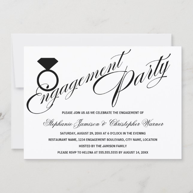 Calligraphy Script Diamond Ring Engagement Party Invitation (Front)