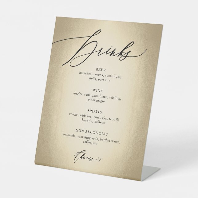 Calligraphy Script Drinks & Cheers Wedding Pedestal Sign (Front)