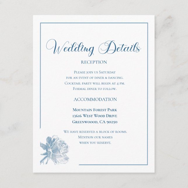 Calligraphy Script Dusty Blue Floral Wedding Enclosure Card (Front)