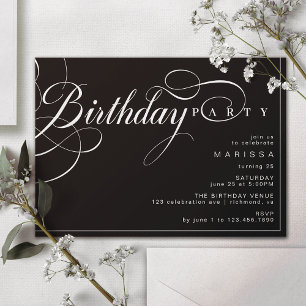 Calligraphy Script Elegant Moody Black Birthday Invitation