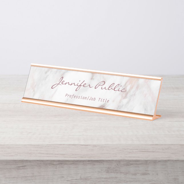 Calligraphy Script Elegant Rose Gold Marble Modern Desk Name Plate (Front)