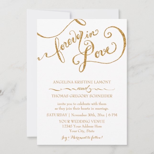 Calligraphy Script Forever in Love Gold Glitter Invitation (Front)