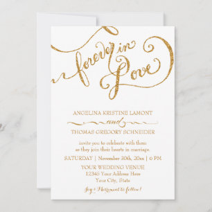 Calligraphy Script Forever in Love Gold Glitter Invitation