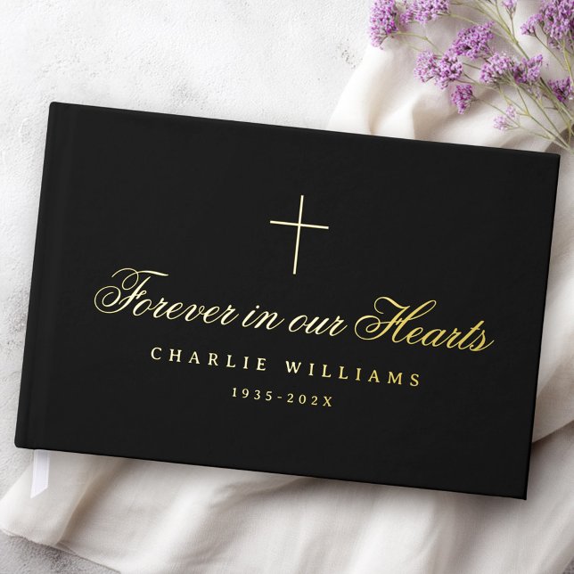 Calligraphy script forever in our hearts funeral guest book (Calligraphy script forever in our hearts funeral foil guest book)